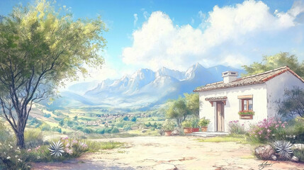 Anime Style Painting of House with Flowers and Mountains in Background