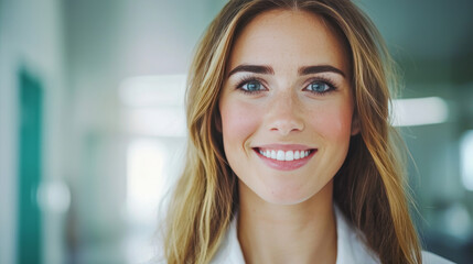 Fototapeta premium Smiling woman with blue eyes and blonde hair.