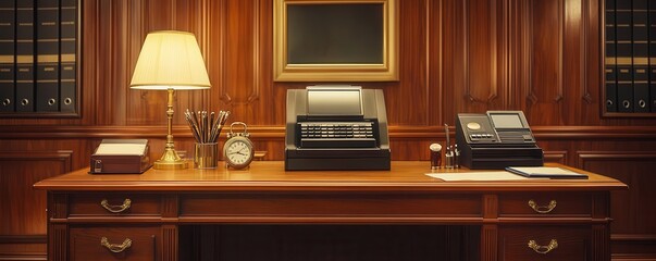 A classic wooden office desk with a retro typewriter, desk lamp, and vintage clock, surrounded by rich wooden panels.