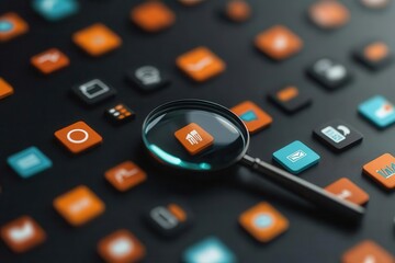 Obraz premium A close-up of colorful app icons on a digital screen with a magnifying glass highlighting a specific icon, representing technology and innovation.