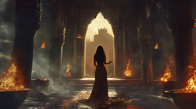 A priestess leading a mystical ritual in an ancient temple, calling upon the forces of the elements.