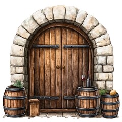 Watercolor Illustration of a Stone Archway with Wooden Door and Wine Barrels.