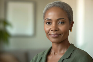 Photo of a beautiful 50 year old African American woman. The woman is in the living room. Advertising banner.