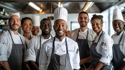 Smiling Team of Diverse Waitstaff at a Modern Restaurant