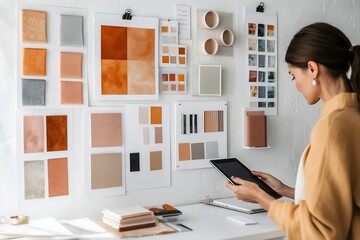 A designer reviews color palettes and material samples on a creative workspace, showcasing modern aesthetics and inspiration.