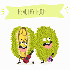 jackfruit character, tropical exotic citrus, vector isolated food icon, funny character. Hand drawn vector.