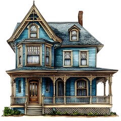 Watercolor Illustration of a Victorian House with a Large Porch.