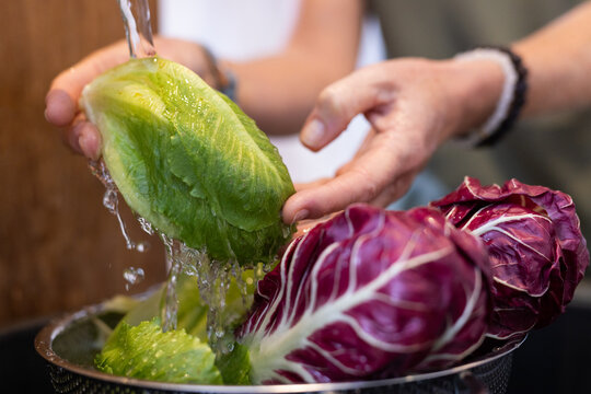 At home, washing fresh lettuce and radicchio, senior woman preparing vegetables in kitchen