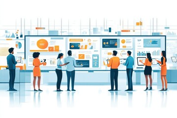 A diverse team analyzes data on large screens in a modern office environment, fostering collaboration and innovation.