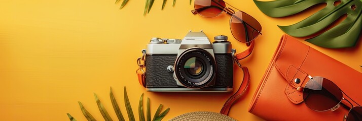 Fototapeta premium Travel Essentials on Vibrant Yellow Background