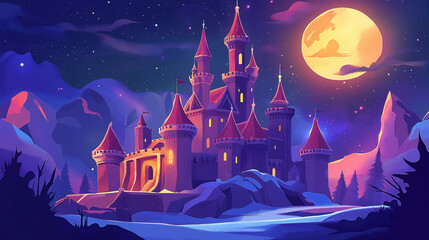 The medieval castle with snow, game background, Illustration