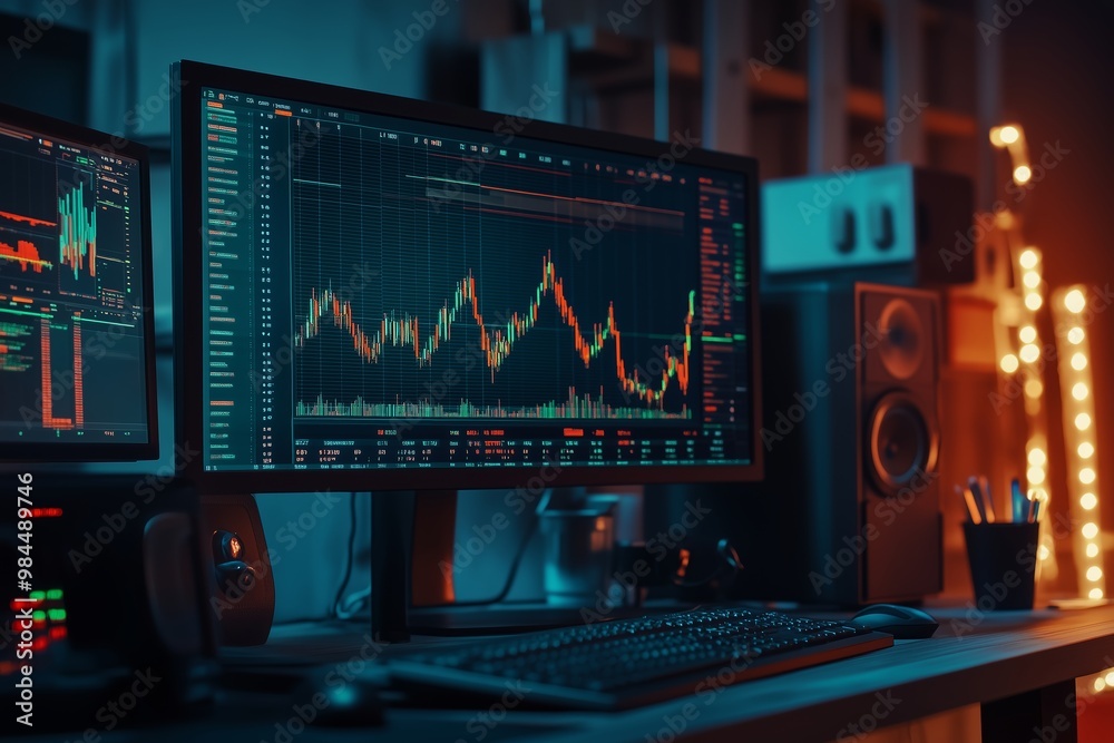 Poster data analyst workspace with multiple monitors displaying financial graphs and charts in a dimly lit 