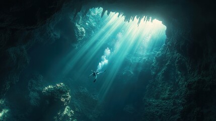 A scuba diver swims upwards towards a beam of sunlight coming through a cave opening in the ocean.