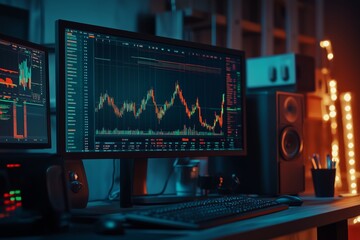 Data analyst workspace with multiple monitors displaying financial graphs and charts in a dimly lit room during evening hours