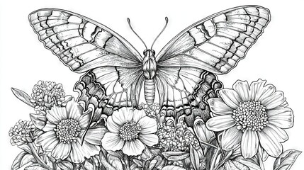 Fototapeta premium A monochromatic illustration depicts a butterfly perched atop a flower arrangement, featuring prominent daisies in the foreground