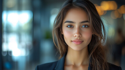 Obraz premium Young woman with long brown hair smiles softly at the camera.