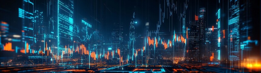 Neon-colored graphic interface displaying financial data and graphs.