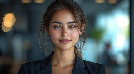 Naklejka premium Young woman with long brown hair smiling.