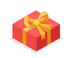 Isometric gift box. Red closed giftbox with yellow bow. Holiday and festival. Package for present or surprise. Graphic element for website. 3D vector illustration