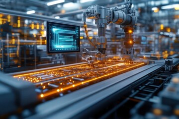 A futuristic robotic arm working on a circuit board in a high-tech factory setting with glowing elements and digital screens.