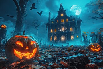 Haunted Mansion in the Dark Woods with Jack-O'-Lanterns