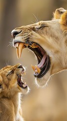 Fototapeta premium A close-up image of a lioness and her cub roaring with wide open mouths, showcasing their sharp teeth and fierce expressions.
