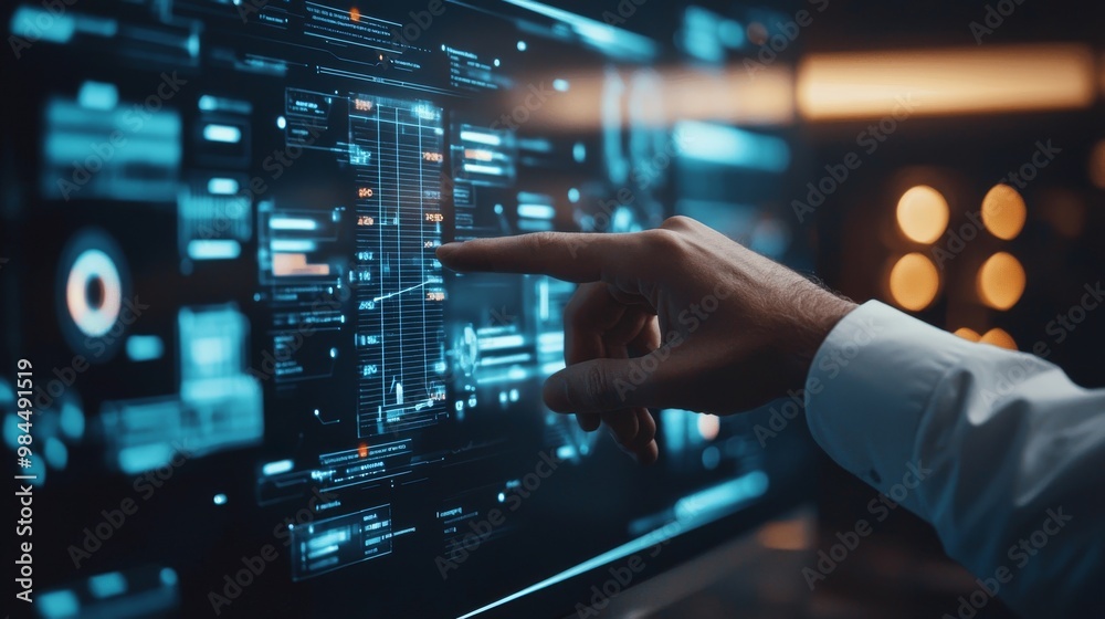 Wall mural touching a futuristic glowing screen interface, a hand reaches out with data visualizations.