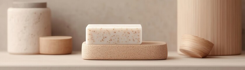 Closeup 3D illustration of organic soap in ecofriendly packaging, soft natural lighting, earthy textures, photorealistic design, clean minimalist style, detailed product shot