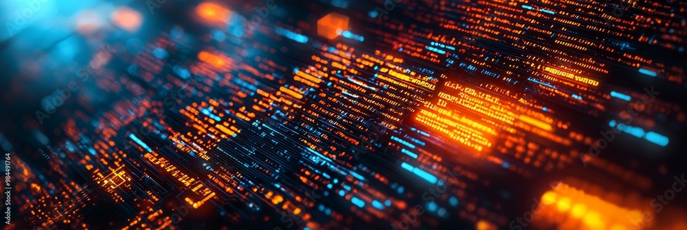 Poster a futuristic digital interface with glowing red and orange data points against a dark background. an