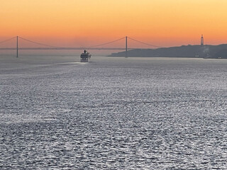 Beautiful sunrise at the entrance to Lisbon, Portugal