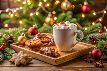 Fototapeta premium Cup of hot chocolate with marshmallow and cookies, christmas ornaments and gift on wooden tray against stylish christmas tree with lights.