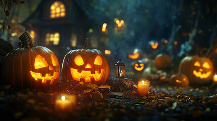 A nighttime scene with pumpkins lit by candles, their faces glowing warmly in the dark.