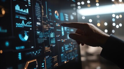 It looks like a futuristic glowing screen interface with data visualizations, and a hand reaches out to touch it.