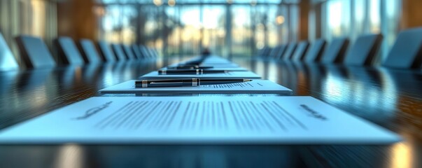 A modern conference table setup featuring documents and electronic devices ready for a professional meeting.