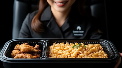 A close-up view of a black takeout container holding a delicious serving of fried chicken and rice, held by an out-of-focus person in the background