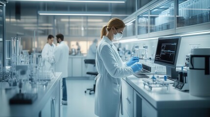 Fototapeta premium A modern laboratory setting with scientists working diligently, showcasing advanced technology and scientific research practices.