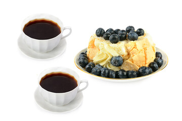A cups of coffee and meringue cake with blueberries isolated on white. Collage. Free space for text.