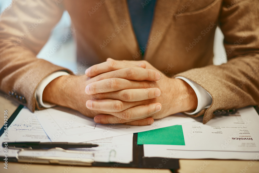 Aufkleber hands, invoice and papers with notes, documents and entrepreneur for connection at digital agency as