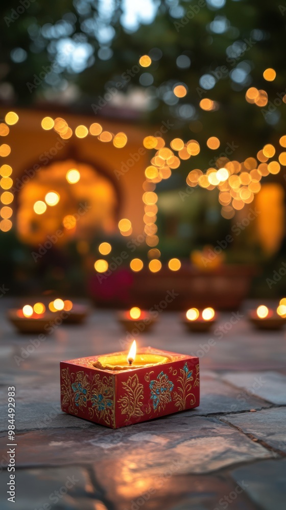 Wall mural A beautifully wrapped Diwali sweet box on a stone patio, with the background of a festively lit home filled with glowing diyas and lights. Copy space, happy Diwali background, traditional, Indian