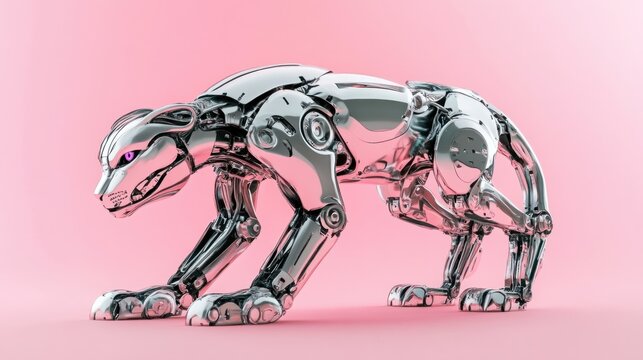 Robot jaguar stalking across a pastel pink background, sleek metallic body crouched low.
