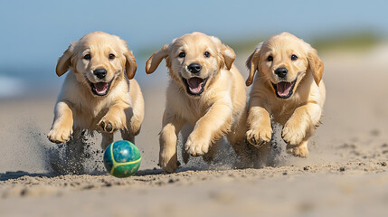 Three Golden Retriever puppies chasing a ball on the beach, their energetic movements kicking up sand as they enjoy their playtime 