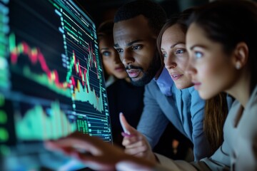 A diverse team of professionals analyzes financial data on a digital display during a late-night meeting in a modern office setting