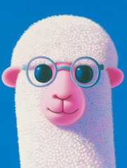 Fototapeta premium Sheep in Glasses: A whimsical and charming illustration of a fluffy white sheep wearing round glasses, set against a vibrant blue background. The sheep's innocent eyes and gentle smile evoke a sense o