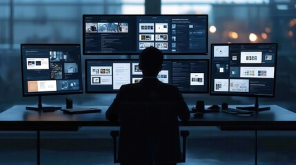 Fototapeta premium A professional engages with multiple screens in a modern workspace, enhancing productivity and digital connectivity.