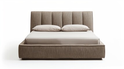 bed frame with a soft gray fabric and a cushioned headboard