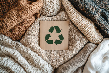 Knitted sweaters and clothes with recycle sign promoting conscious fashion and circular economy