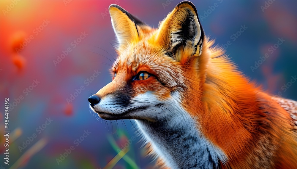 Wall mural vibrant summer close-up of a red fox amidst a kaleidoscope of colors