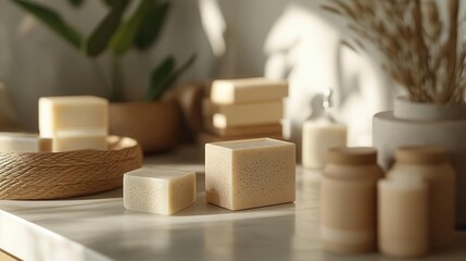 Organic soap packaging with ecofriendly design, detailed 3D rendering, natural colors, kraft paper texture, soft ambient light, photorealistic product shot, minimal style