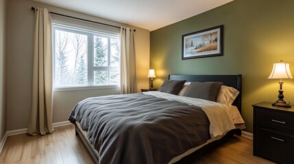 A cozy bedroom with a large bed, a window with a view of trees, and two lamps on nightstands.