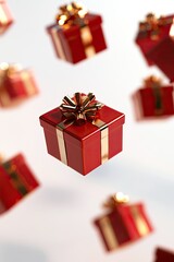 Obraz premium Floating Red Gift Boxes with Golden Ribbons on White Background